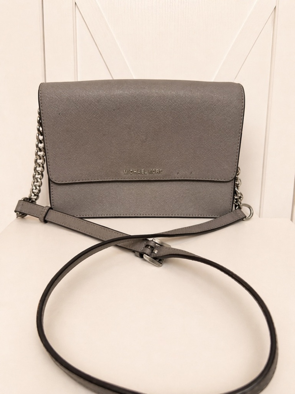 Michael Kors Gray Saffiano Leather Crossbody Bag Chain Strap